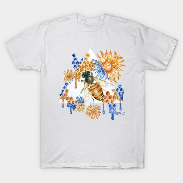 Geometric Gold and Blue Honeybee T-Shirt by demingfischer